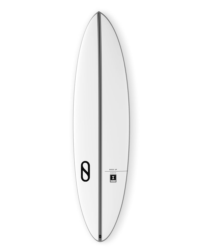 White performance surfboard with centred stringer, pointed nose, and Boss Up logo near the tail.