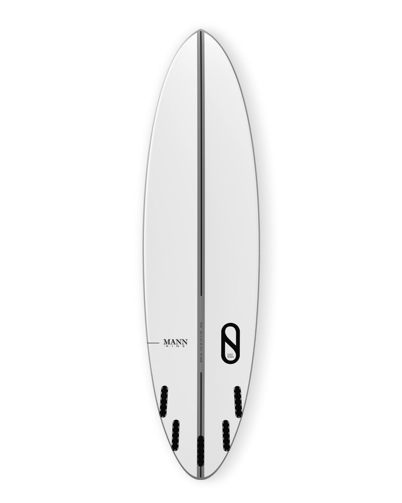 Bottom view of surfboard with quad plus centre fin setup and black Mannkine logos.