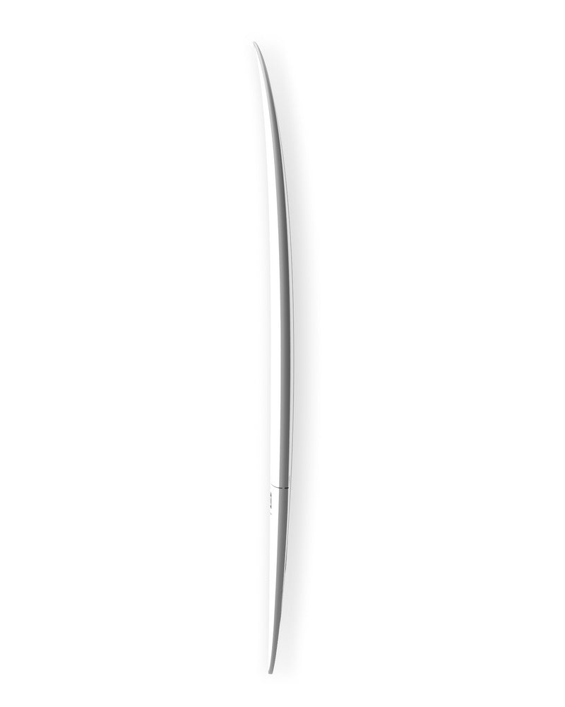 Side profile of surfboard showing smooth rocker line and tapered tail.