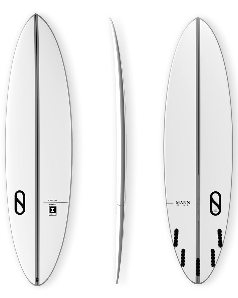Three-view layout of high-performance surfboard showing deck, rocker, and fin placements.