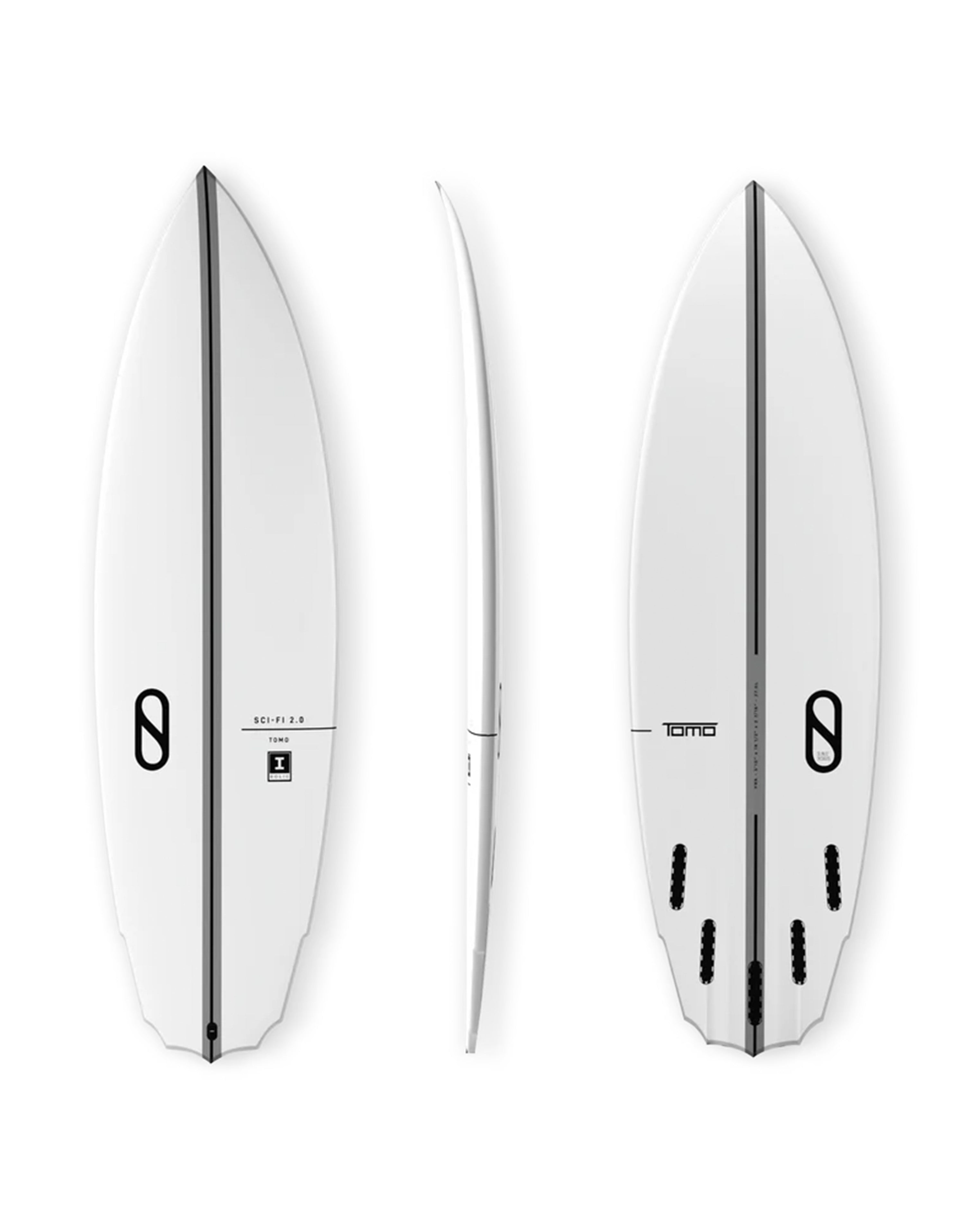 Tri-view of white surfboard showing top, side profile, and bottom design with logos and quad fin layout.