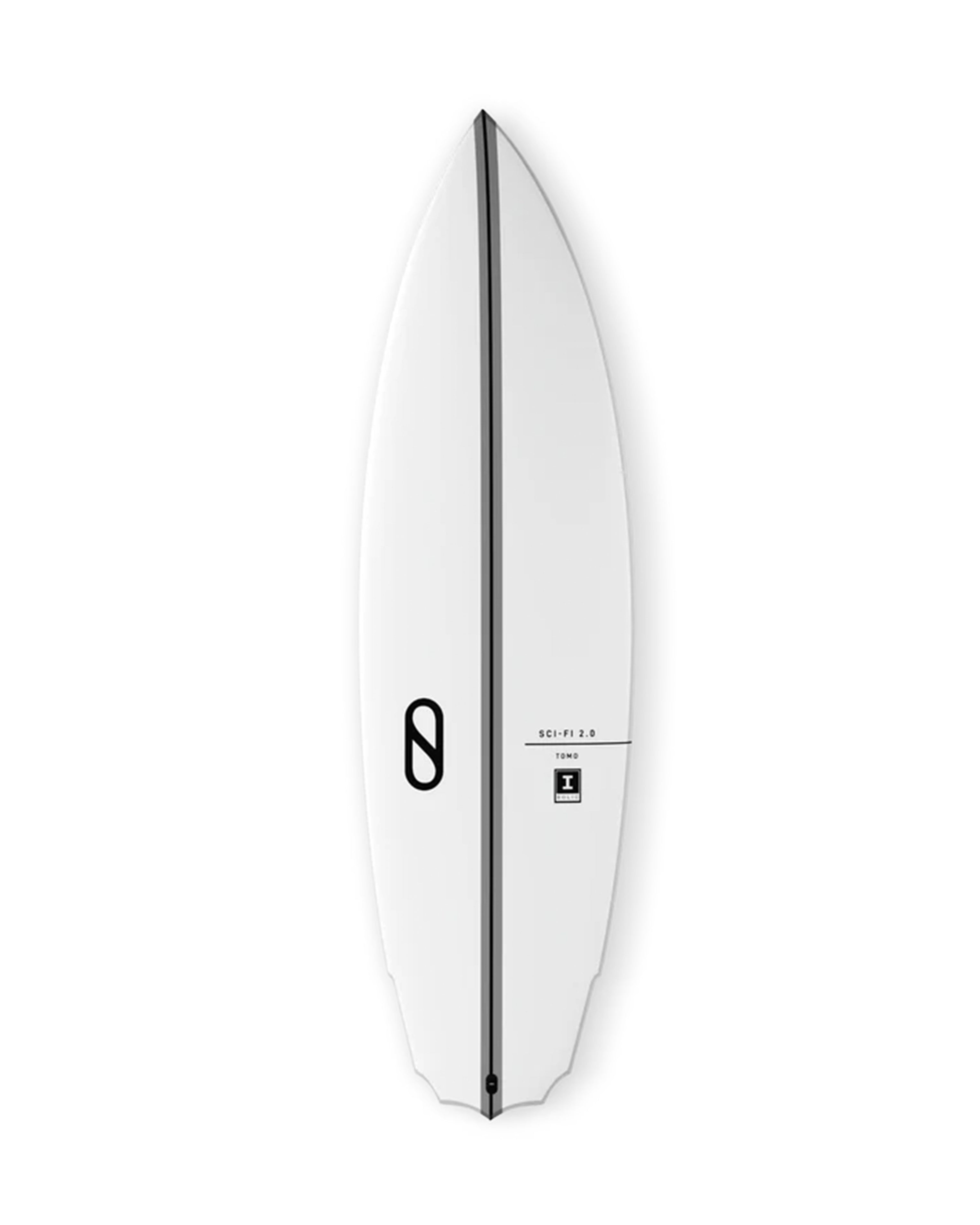 White shortboard with black stringer, pointed nose, and square swallow tail, labelled Sci-Fi 2.0 by Tomo.