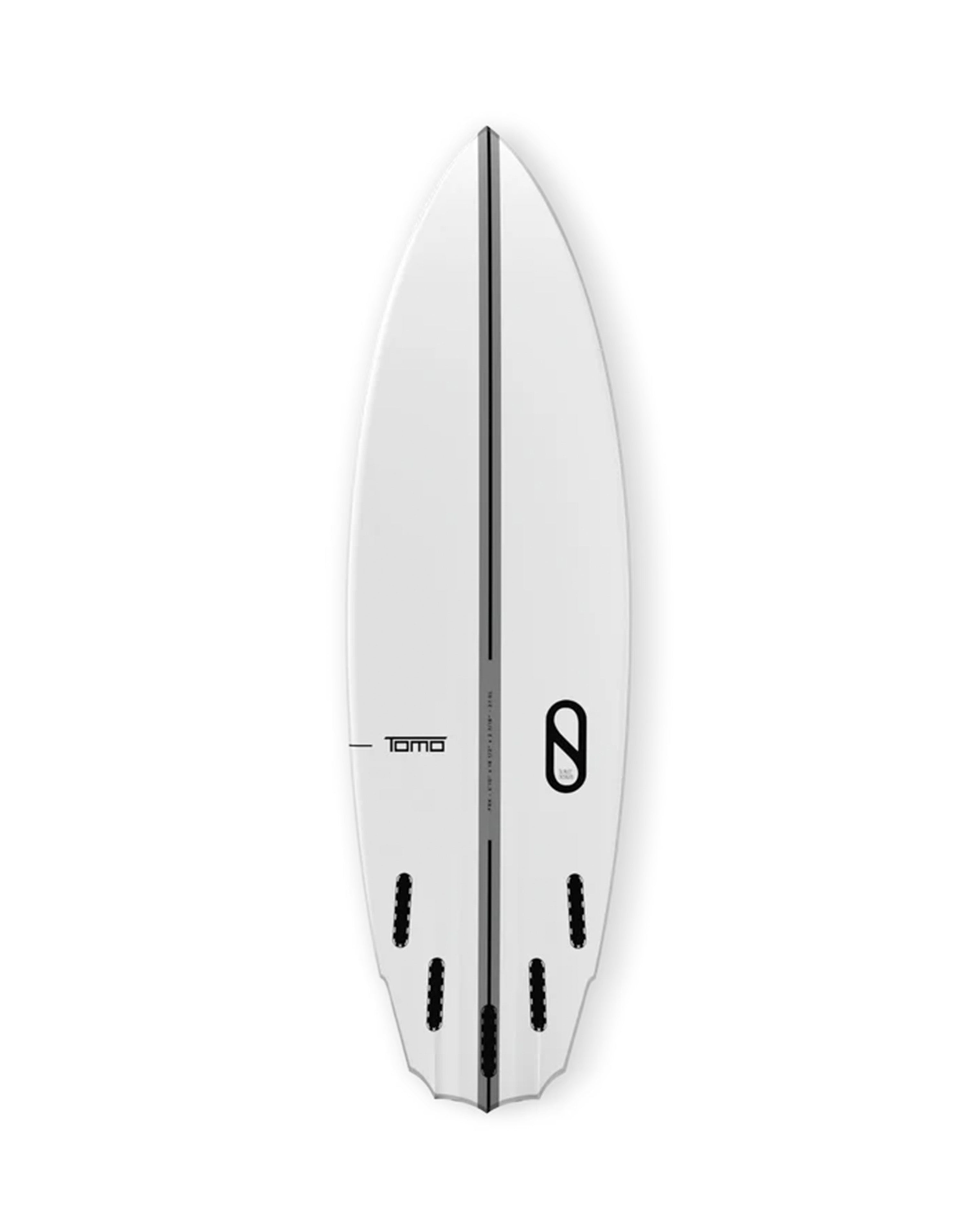 Bottom view of white surfboard with black stringer, quad fin setup, and Tomo and Slater Designs logos.