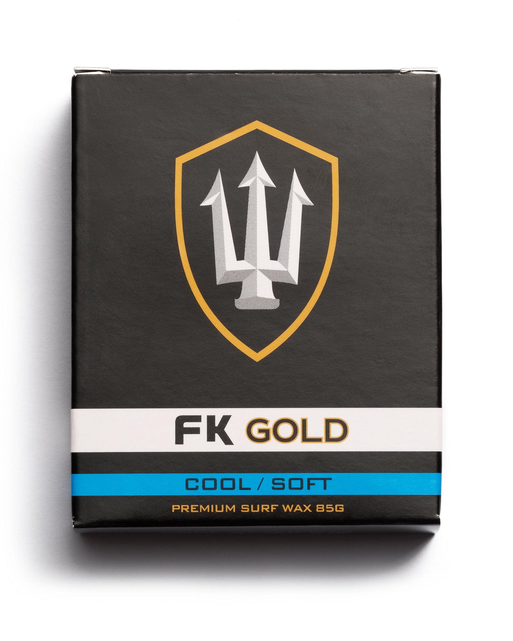 FK Gold Cool Soft surf wax 85g in black box with blue stripe, ideal for cooler water and maximum stick.