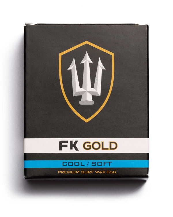 FK Gold Cool Soft surf wax 85g in black box with blue stripe, ideal for cooler water and maximum stick.