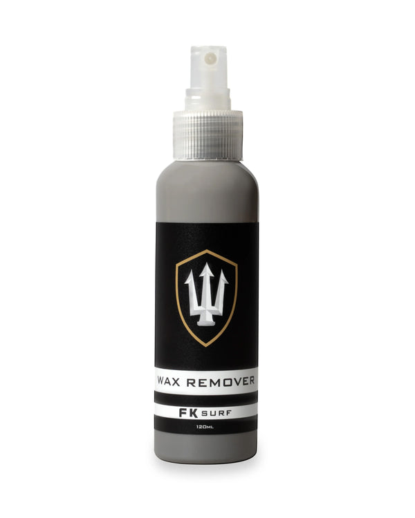 FK Surf wax remover 120mL spray bottle with black label and trident logo for easy surfboard wax removal.
