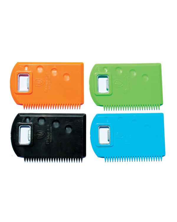 FK Surf wax comb with bottle opener in assorted colours, featuring jagged edge for removing and roughening surf wax.