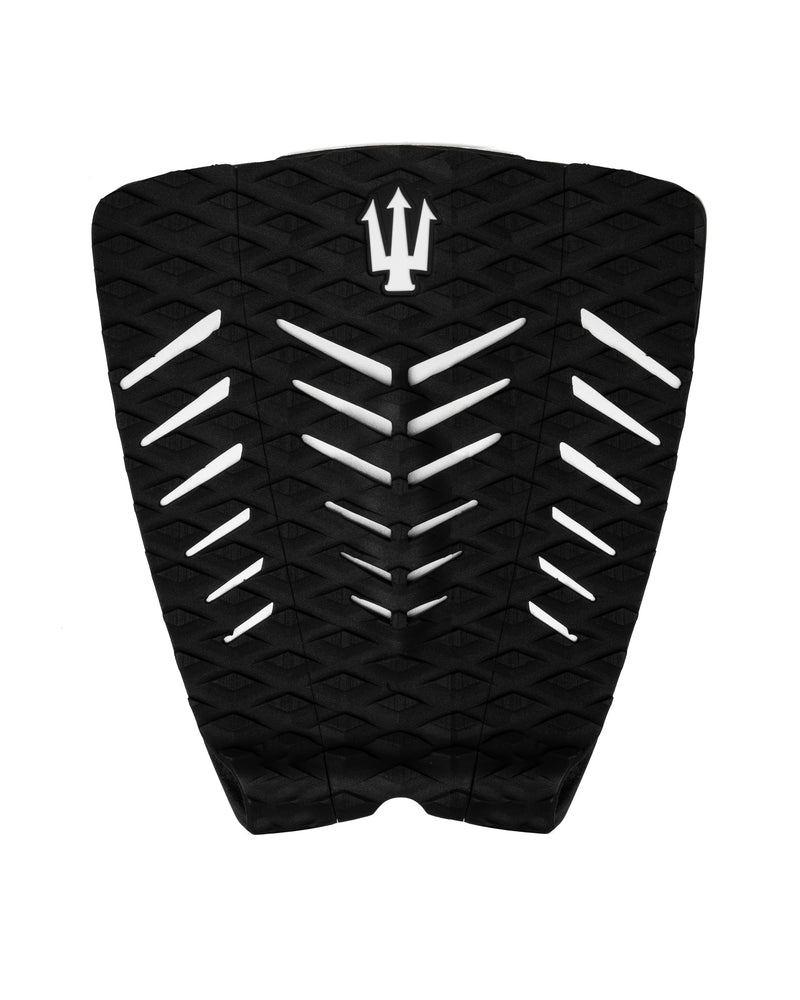 Black and white textured surfboard tail pad with a logo on a white background