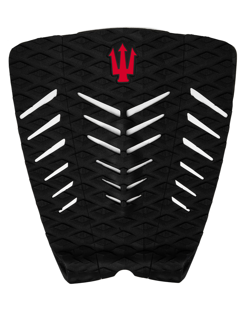 Black surfboard tail pad with red logo on a white background