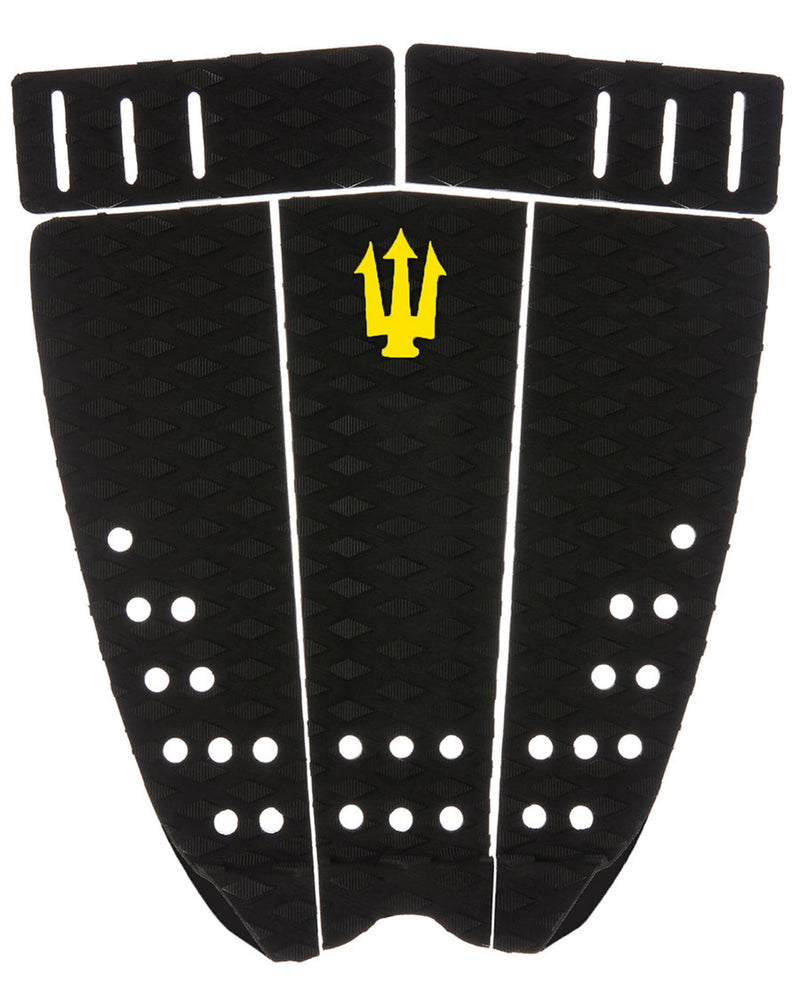 Black three-piece tail pad with yellow trident logo and perforations for grip and flexibility.