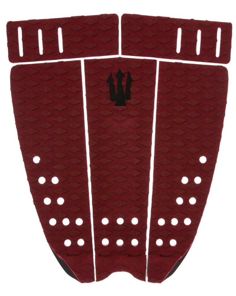 Red textured surfboard tail pad with a black logo on a white background