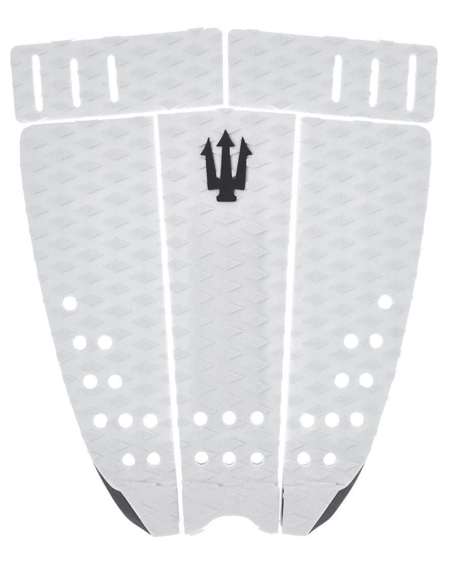 Three white surfboard fins with a black logo on a white background