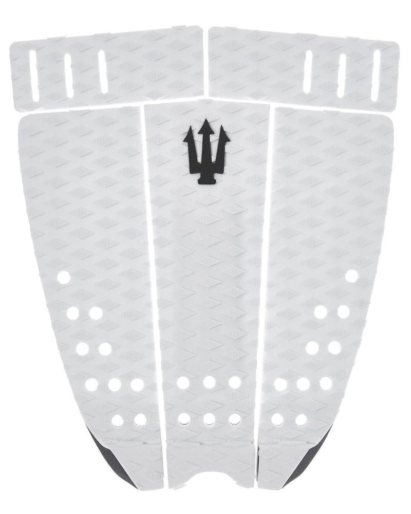 Three white surfboard fins with a black logo on a white background