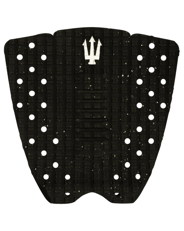 Black surfboard tail pad with white polka dots and a logo on a white background