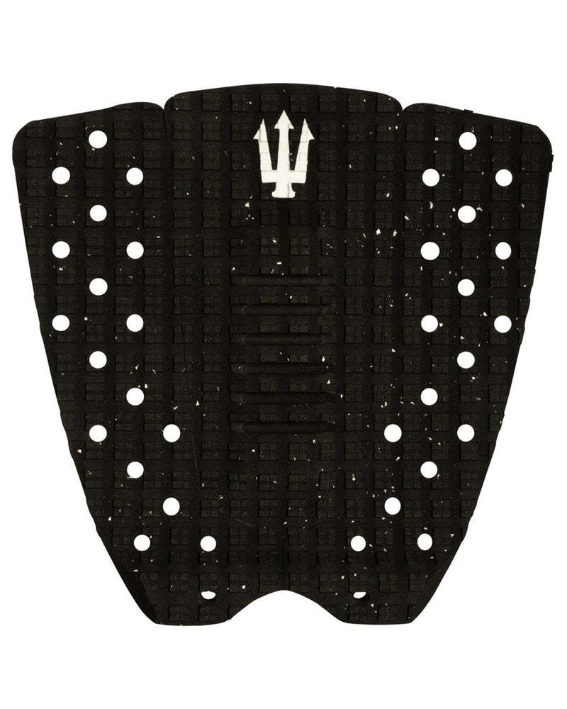 Black surfboard tail pad with white polka dots and a logo on a white background
