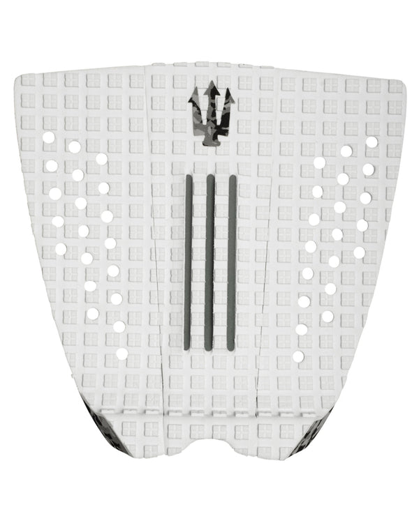 White grid-patterned surfboard tail pad with a logo on a white background