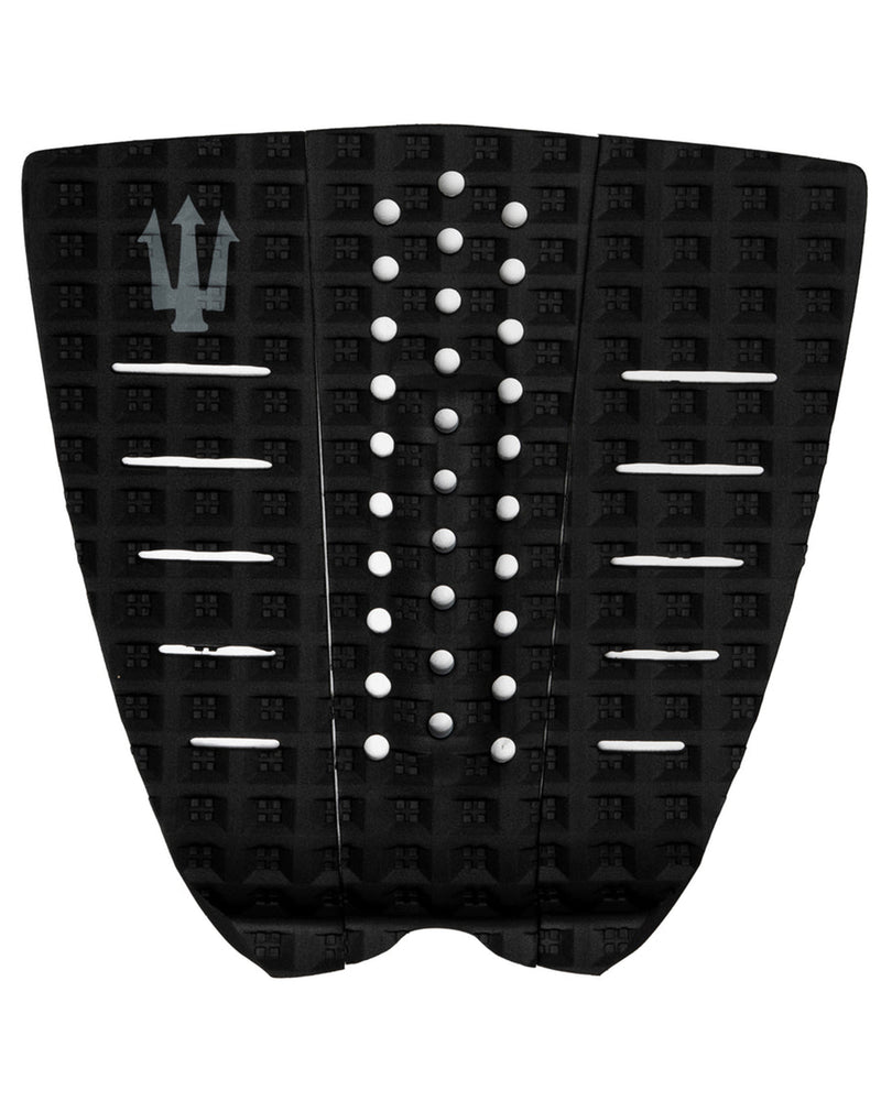 Black surfboard tail pad with white accents on a white background