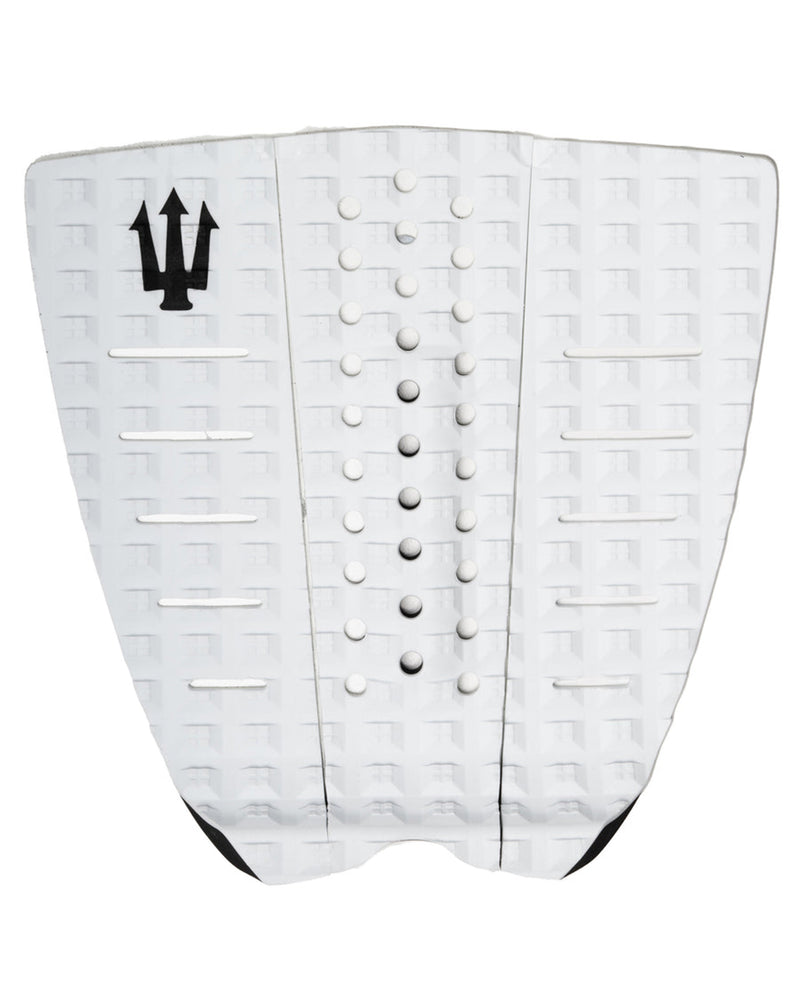 White surfboard tail pad with black logo on a white background