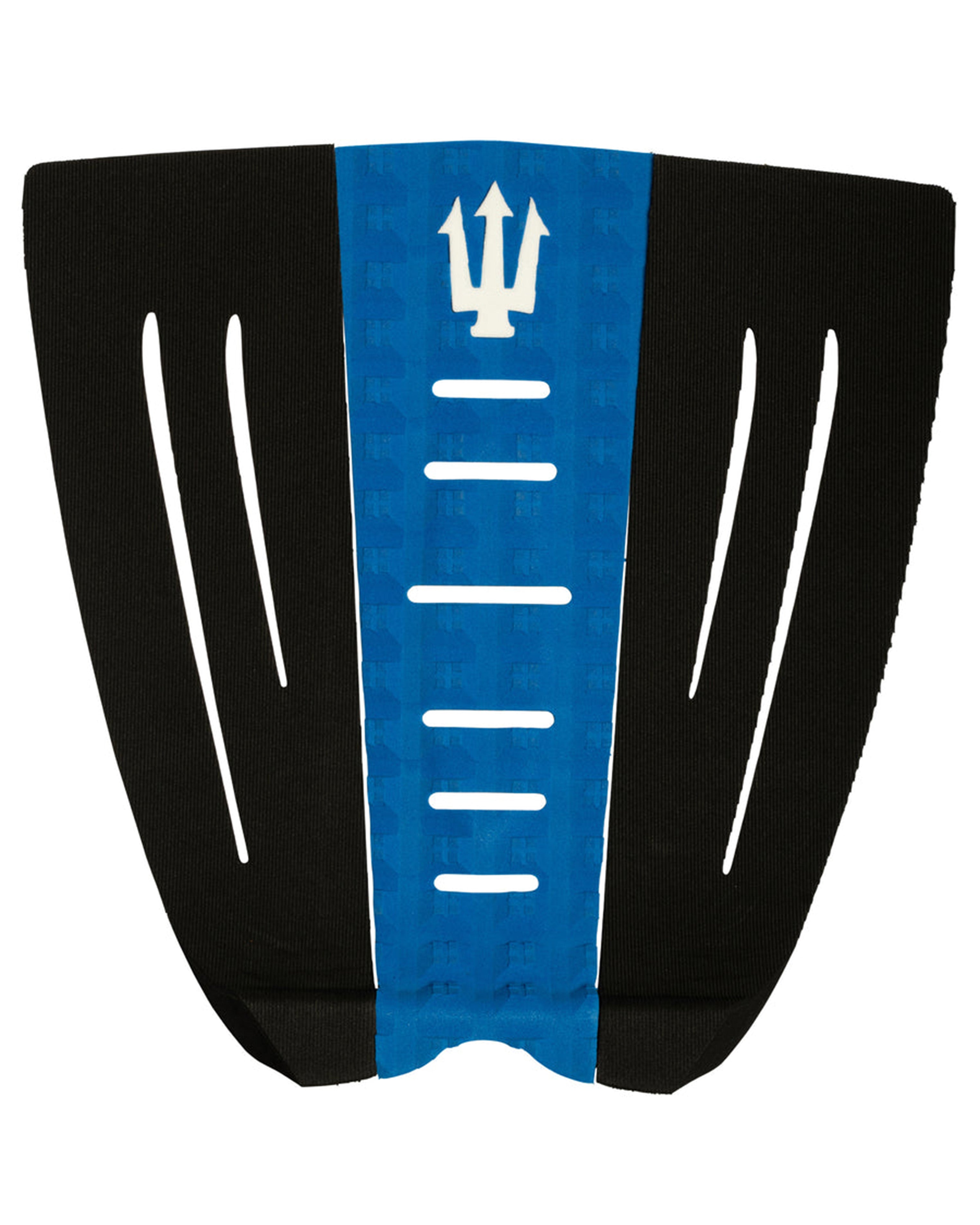 Black and blue three-piece surfboard tail pad with white trident logo, arch bar and cut-outs for grip and performance.
