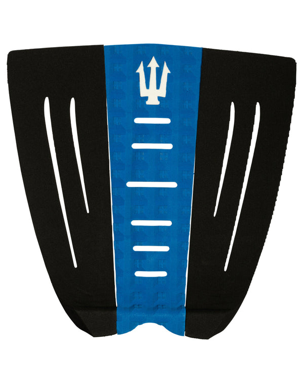 Black and blue three-piece surfboard tail pad with white trident logo, arch bar and cut-outs for grip and performance.
