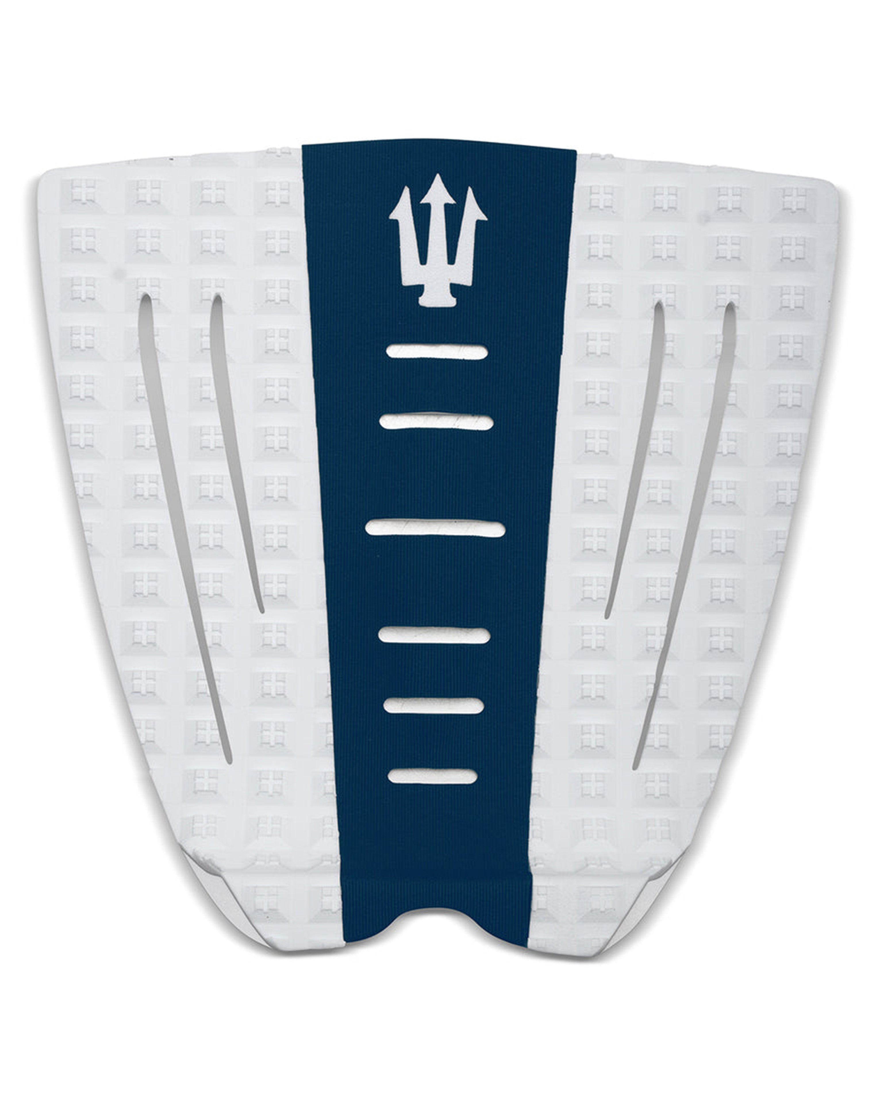 Surfboard fin with blue and white design on a white background
