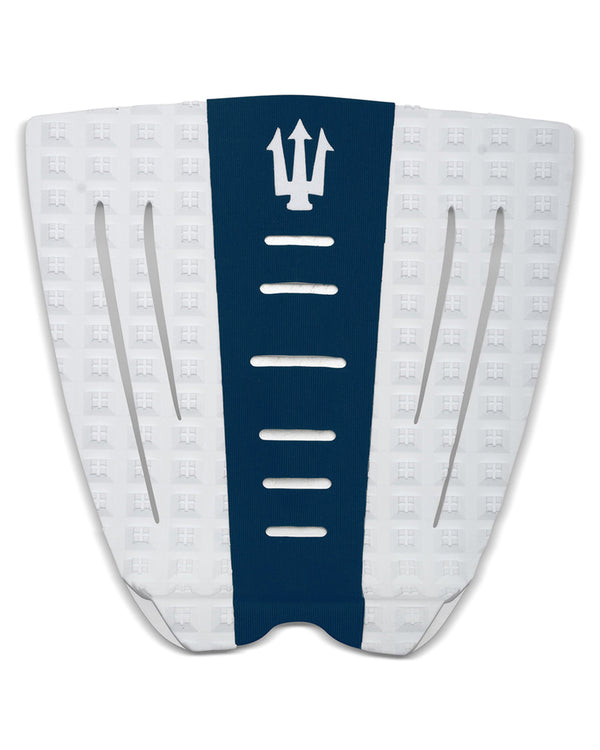 Surfboard fin with blue and white design on a white background