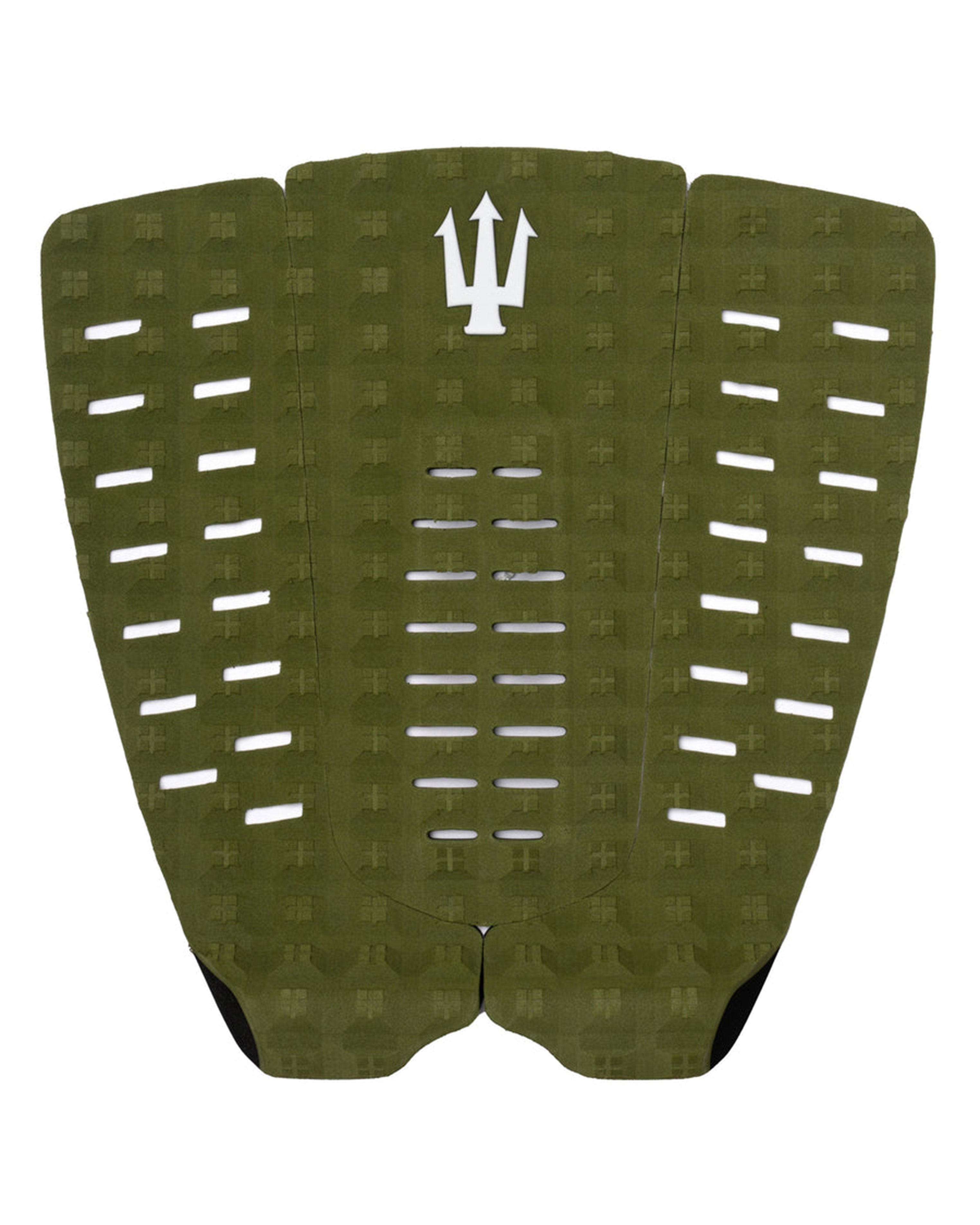 Olive green FK Surf three-piece tail pad with cut-out traction grooves and white trident logo for secure rear foot grip.
