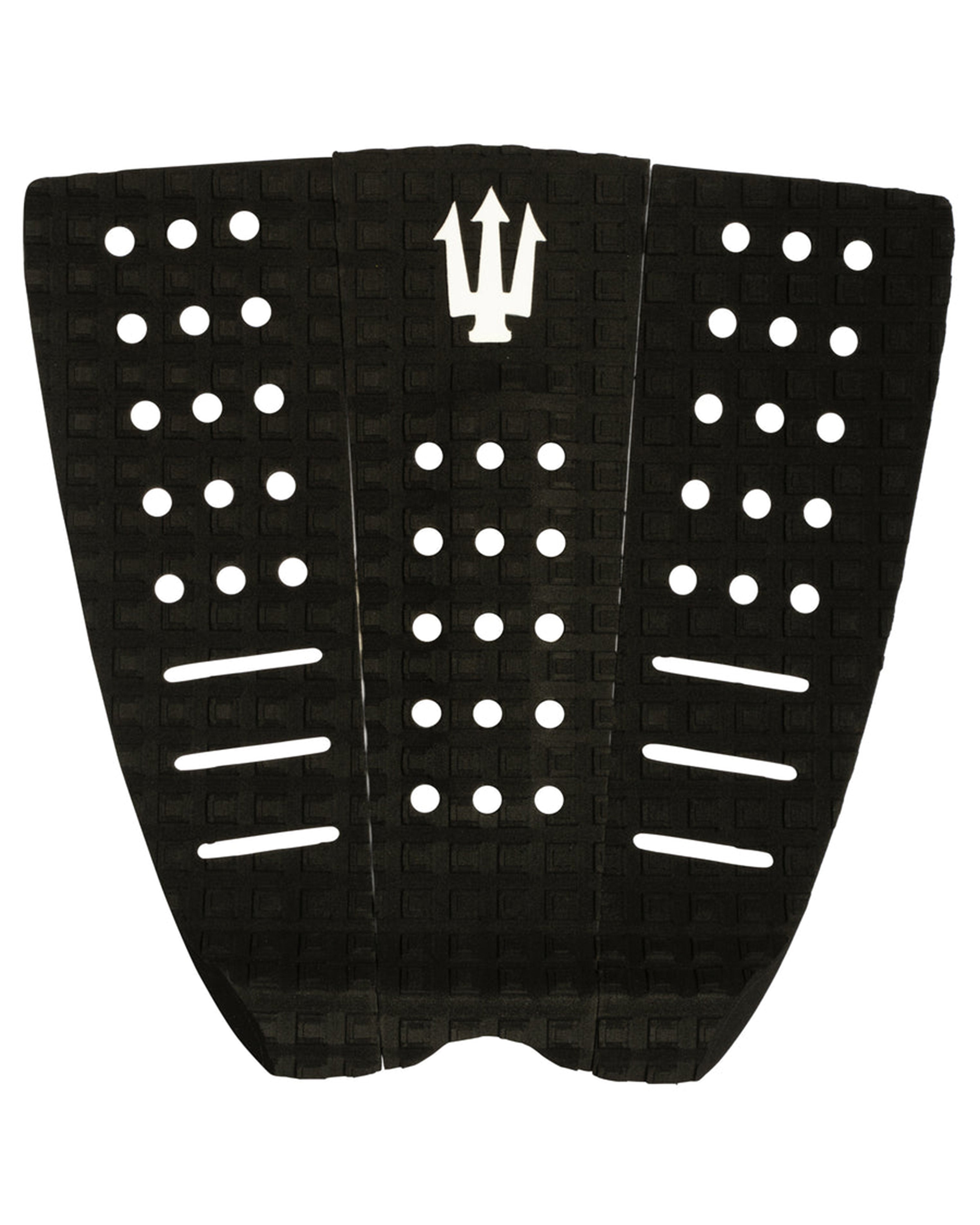 Black FK Surf three-piece tail pad with square groove traction, perforated grip holes, and raised white trident logo.
