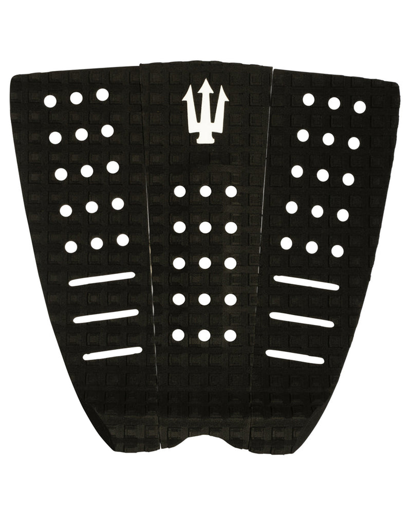 Black FK Surf three-piece tail pad with square groove traction, perforated grip holes, and raised white trident logo.

