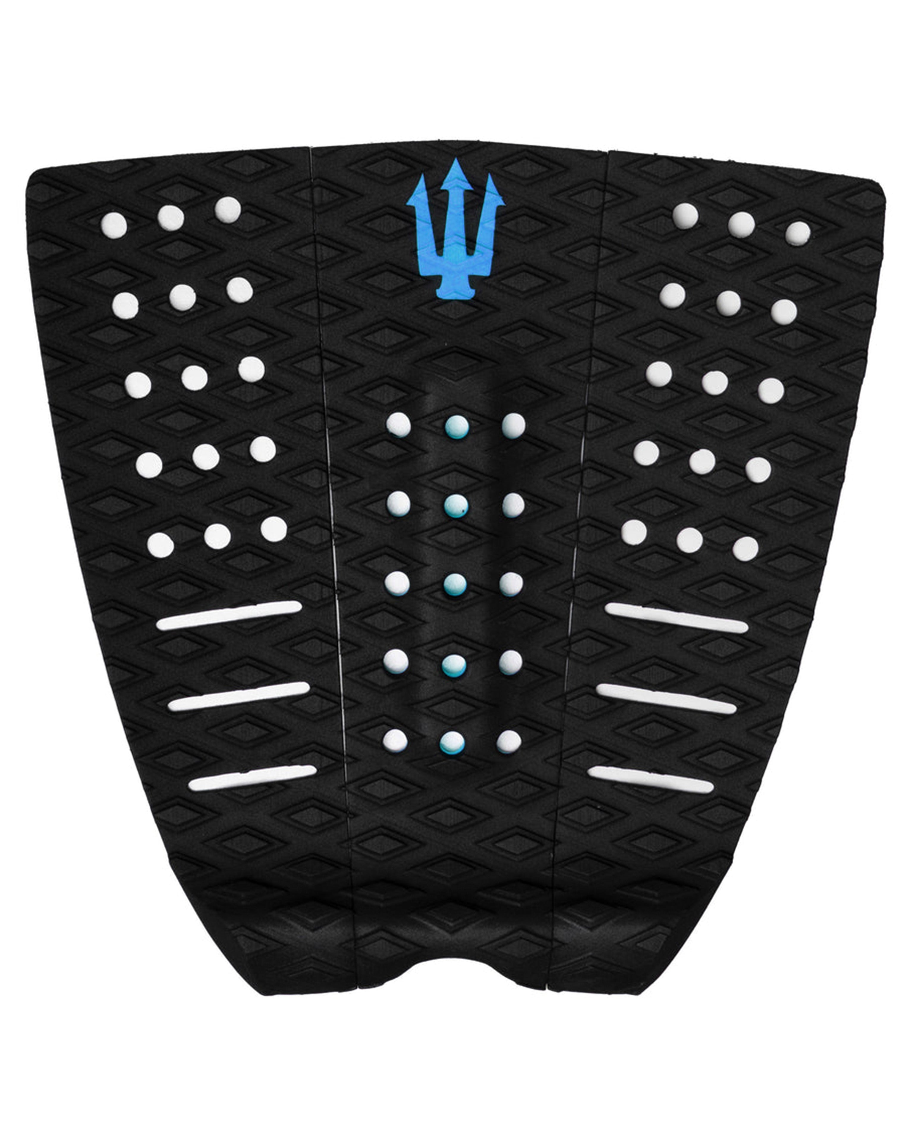 Black surfboard tail pad with white and blue accents on a white background