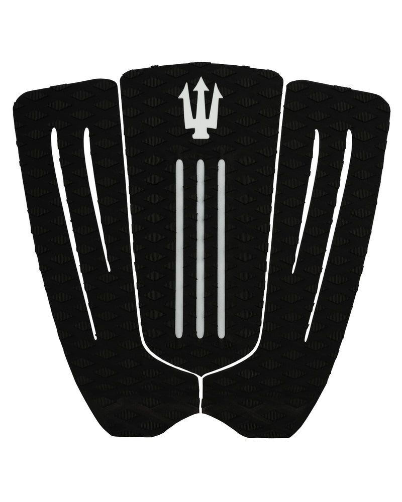 Black surfboard tail pad with a central logo on a white background