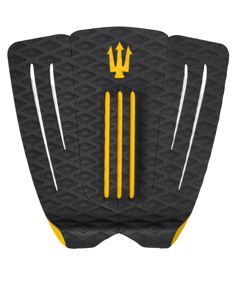 Black and yellow surfboard tail pad with a logo on a white background