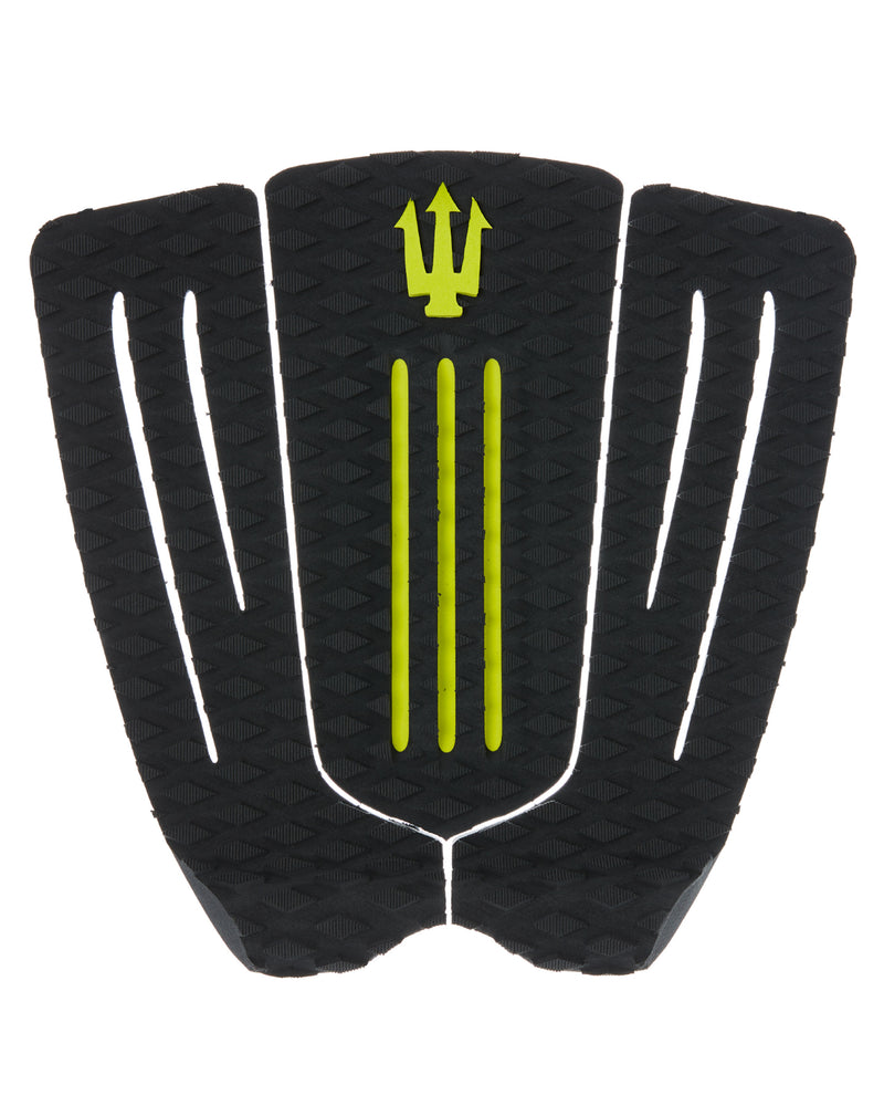 Black and yellow surfboard tail pad with a trident symbol on a white background