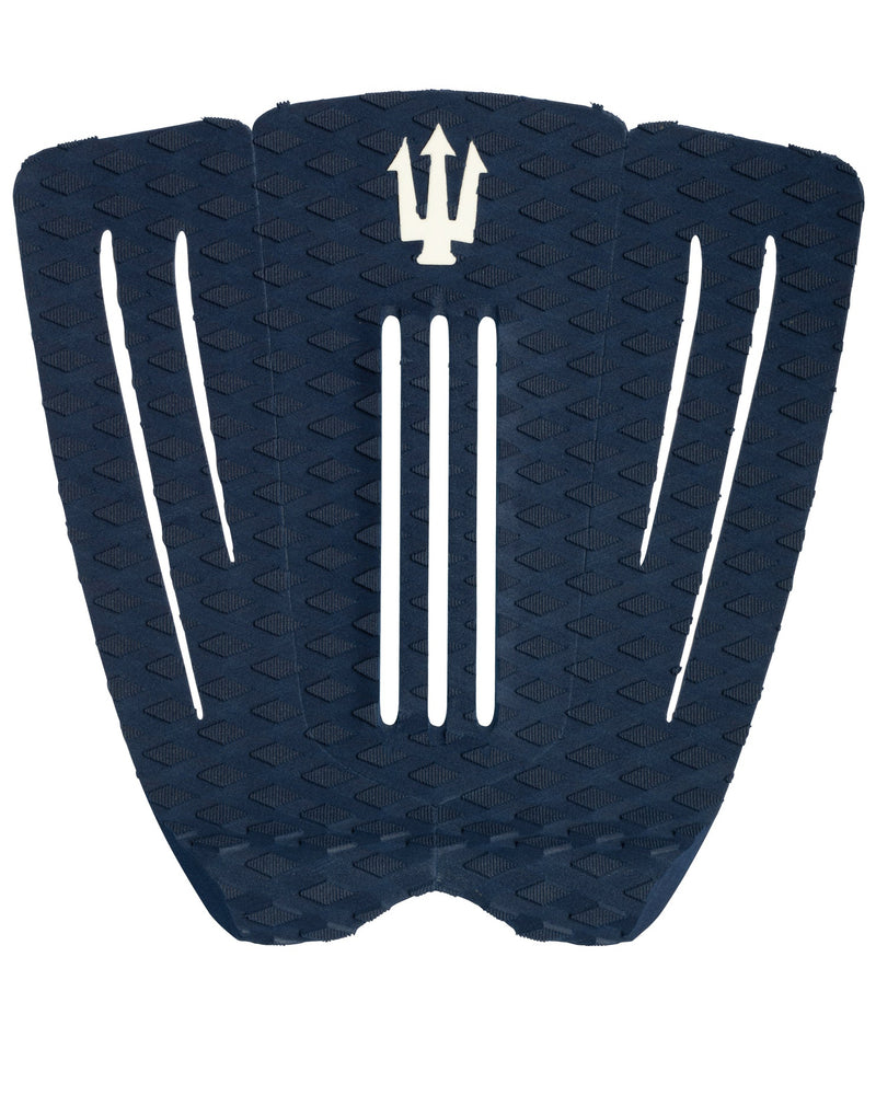 Navy blue surfboard tail pad with white logo on a white background