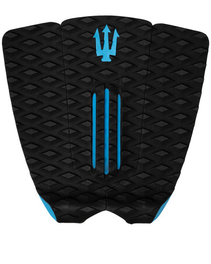 Black and blue surfboard tail pad with a trident logo on a white background