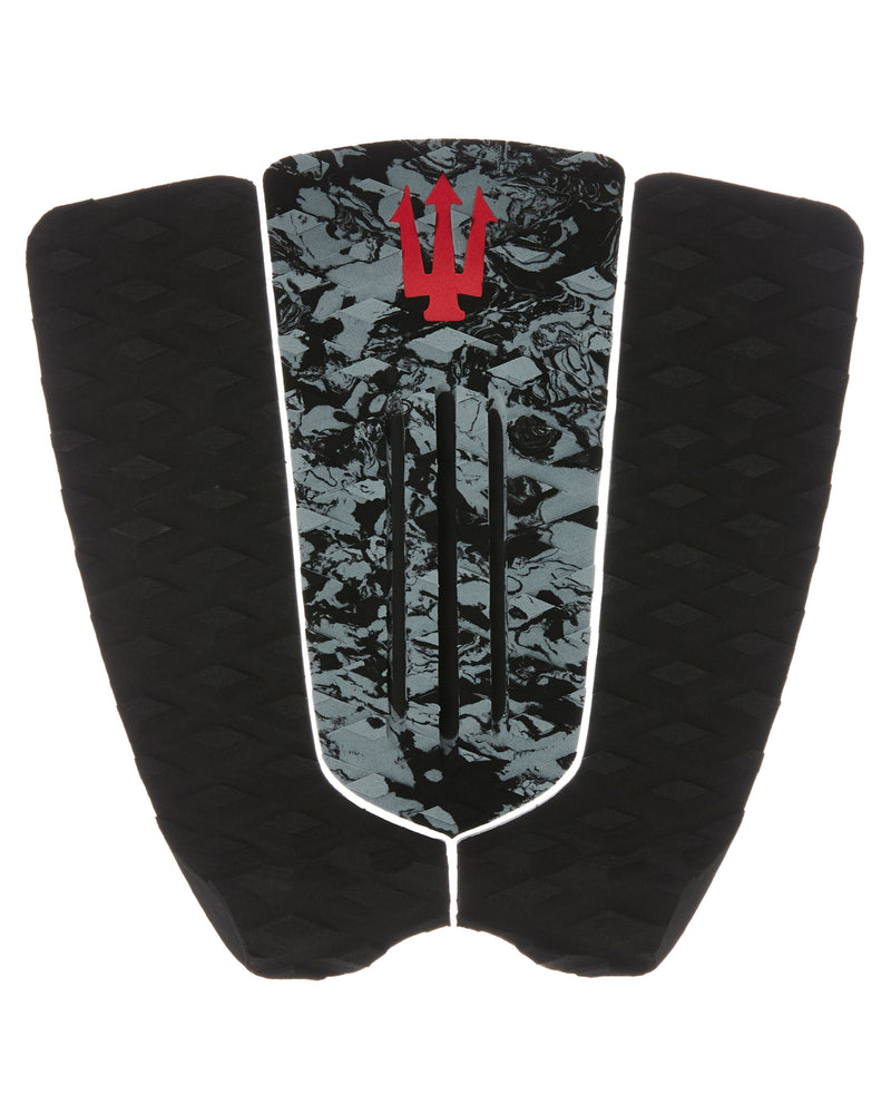 Black and gray surfboard tail pad with red trident symbol on a white background