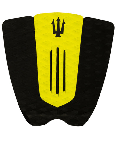 Black and yellow surfboard tail pad with a trident symbol on a white background