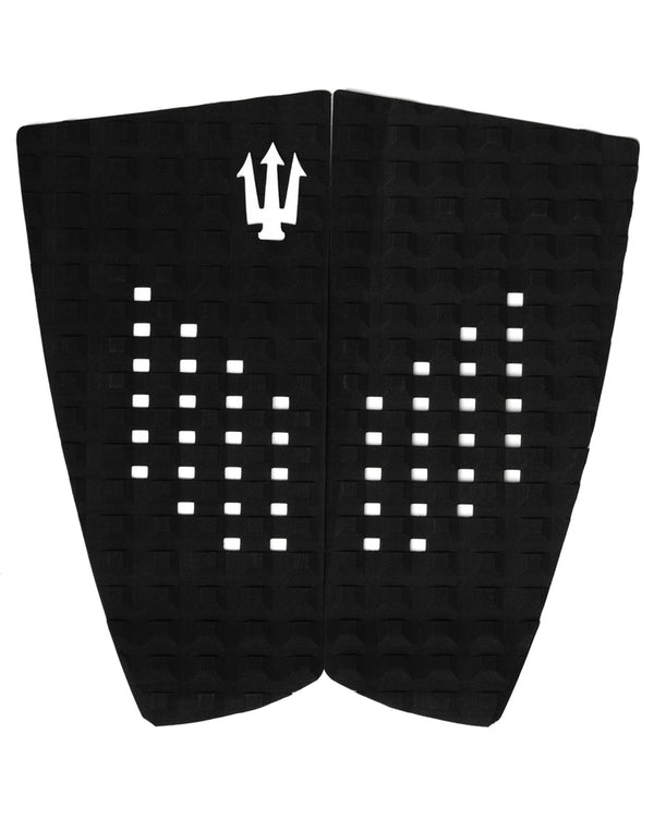 Black twin-piece surfboard tail pad with white trident logo and square cut traction pattern for grip and control.
