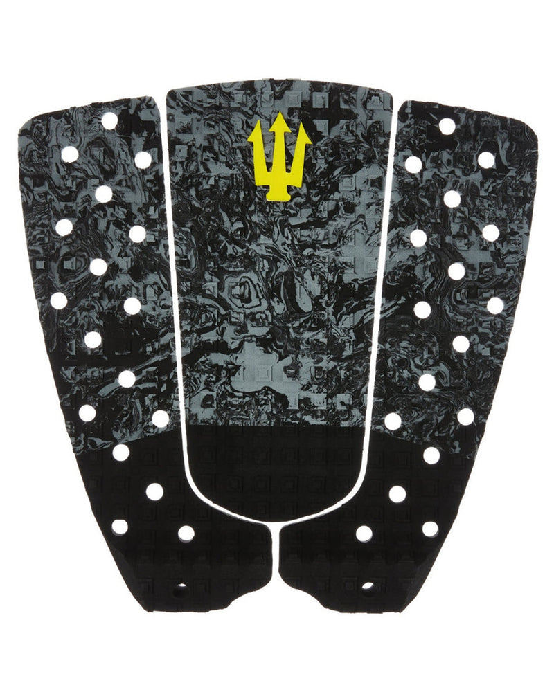 Three-piece tail pad with black and grey marbled texture, perforations, and yellow trident logo for grip and control.
