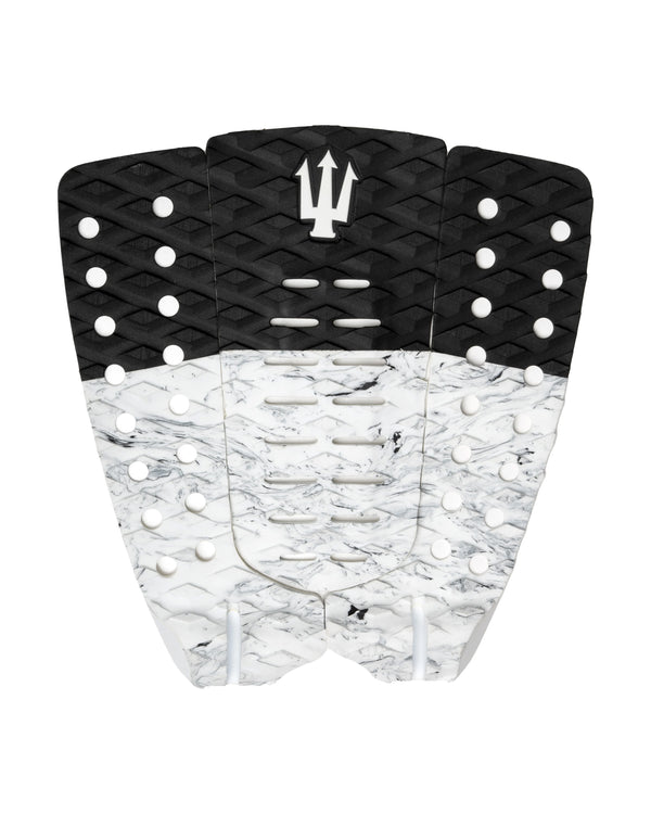 Black and white textured surfboard tail pad with a logo on a white background