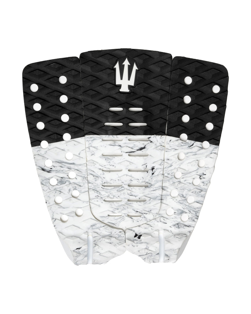 Black and white textured surfboard tail pad with a logo on a white background