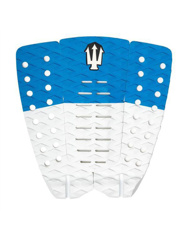 Blue and white surfboard tail pad with a logo on a white background