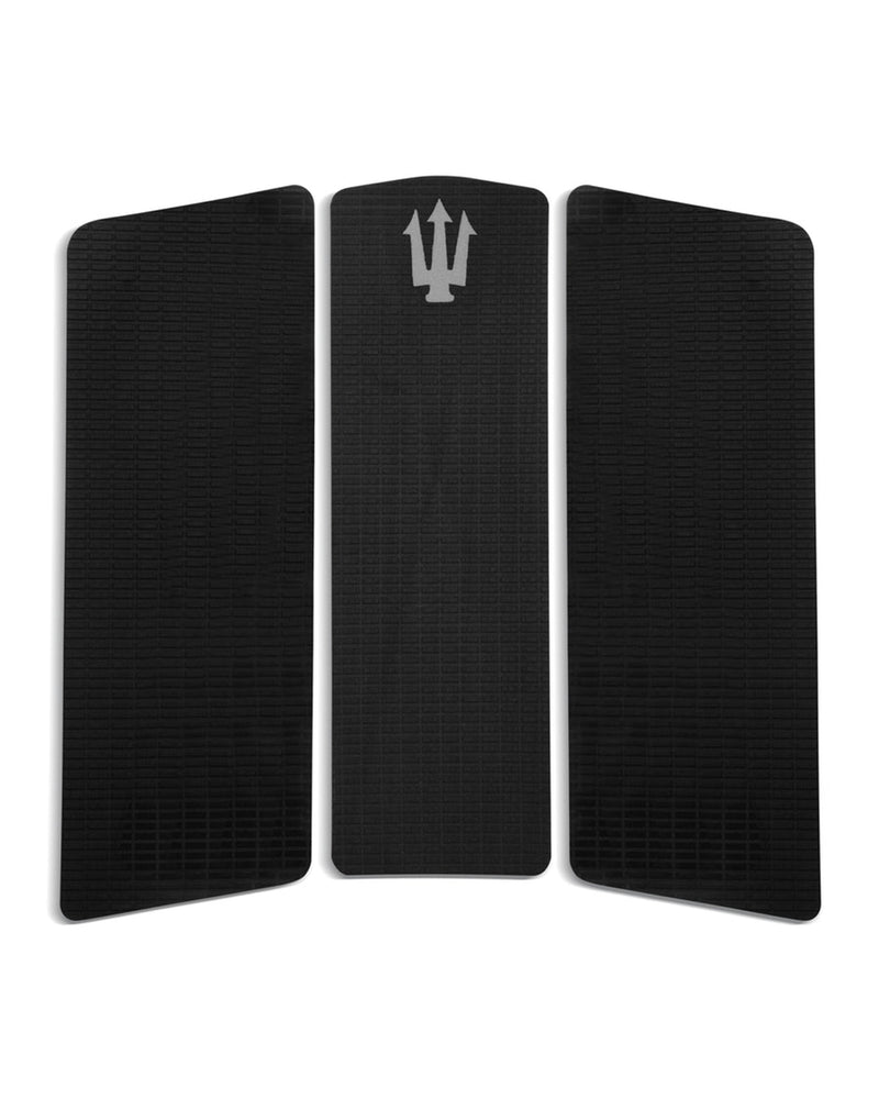 Three-piece black surfboard tail pad with a subtle textured grip and a grey trident logo on the centre piece.
