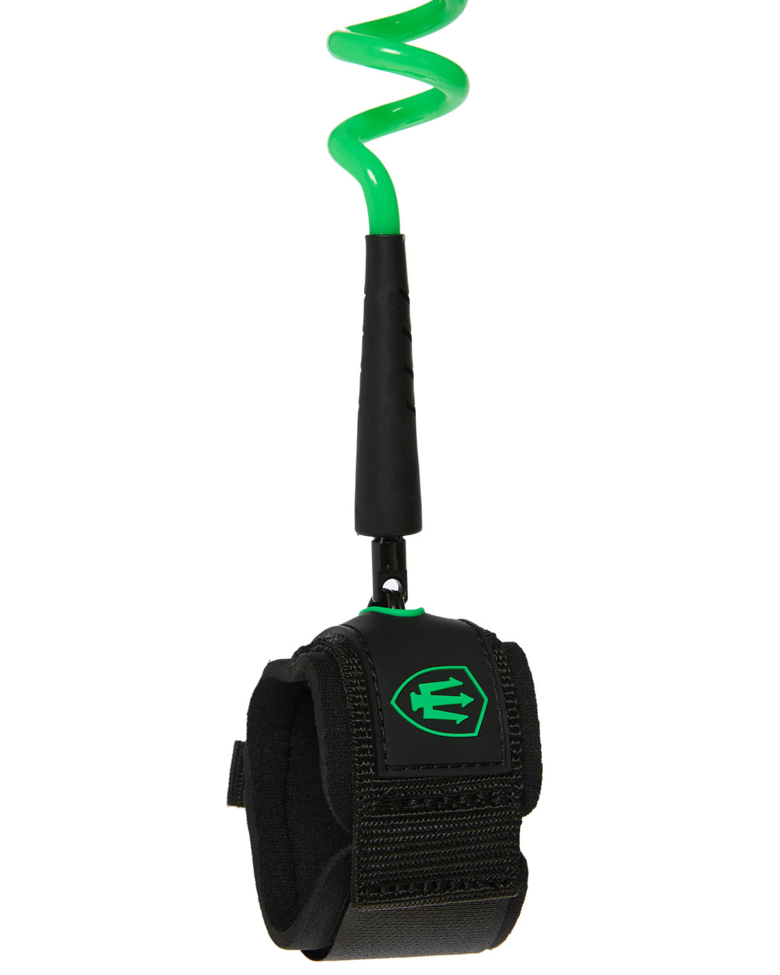 Black wrist strap with green spiral design and logo on a white background