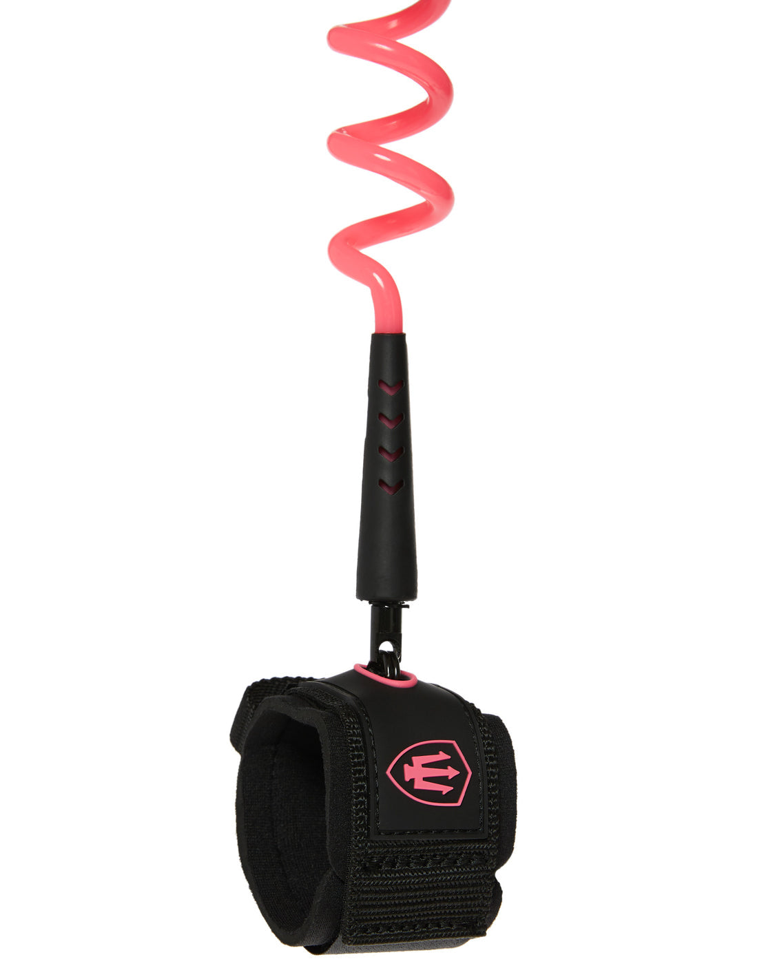 Black wrist wrap with pink coiled handle on a white background