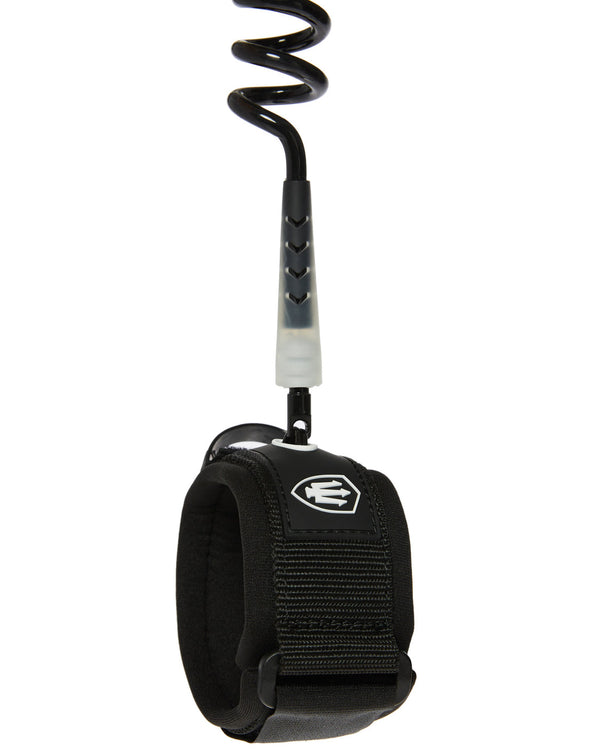 Black FK bodyboard leash with padded wrist cuff, coiled cord and secure velcro strap for comfort and durability.
