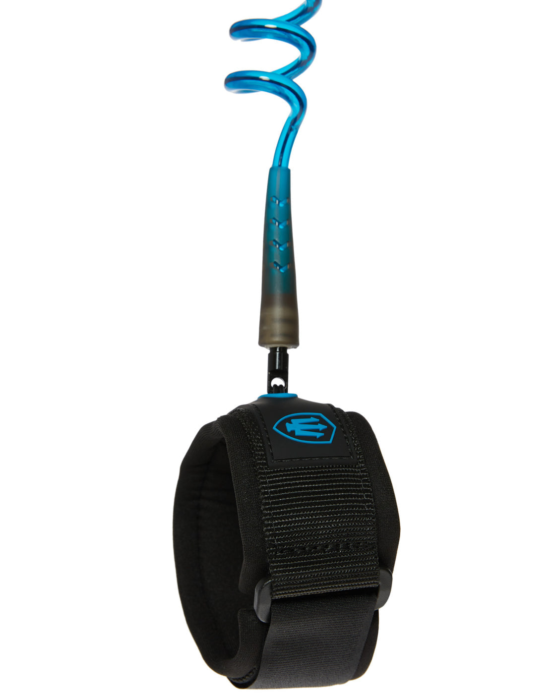 Black wrist strap with blue spiral design on a white background