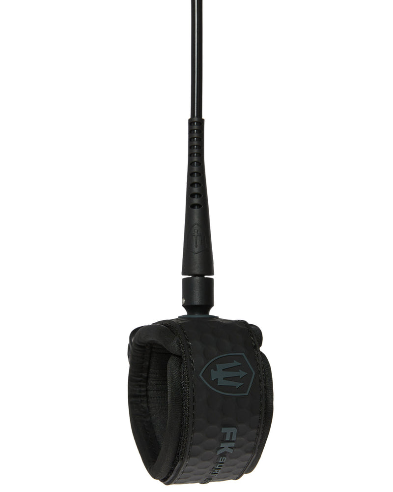 Black FK Surf leash with padded ankle cuff, swivel connection and textured strap for comfort and durability in the surf.
