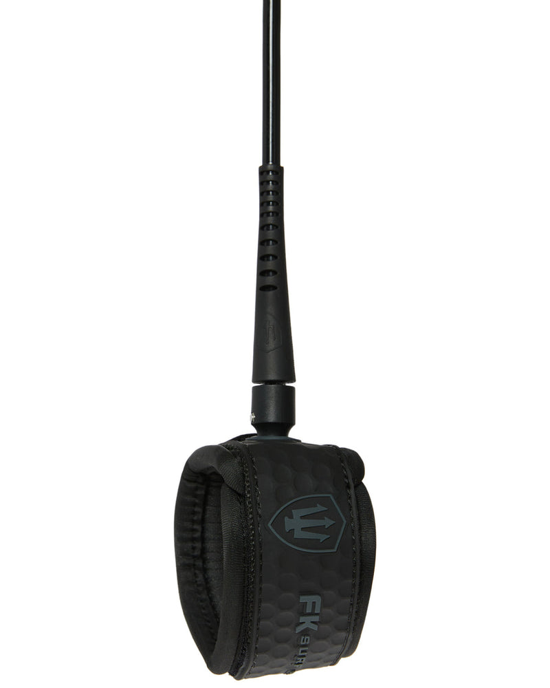 Black FK Surf leash ankle cuff with honeycomb texture, padded lining, and FK logo for secure, all-day surf comfort.
