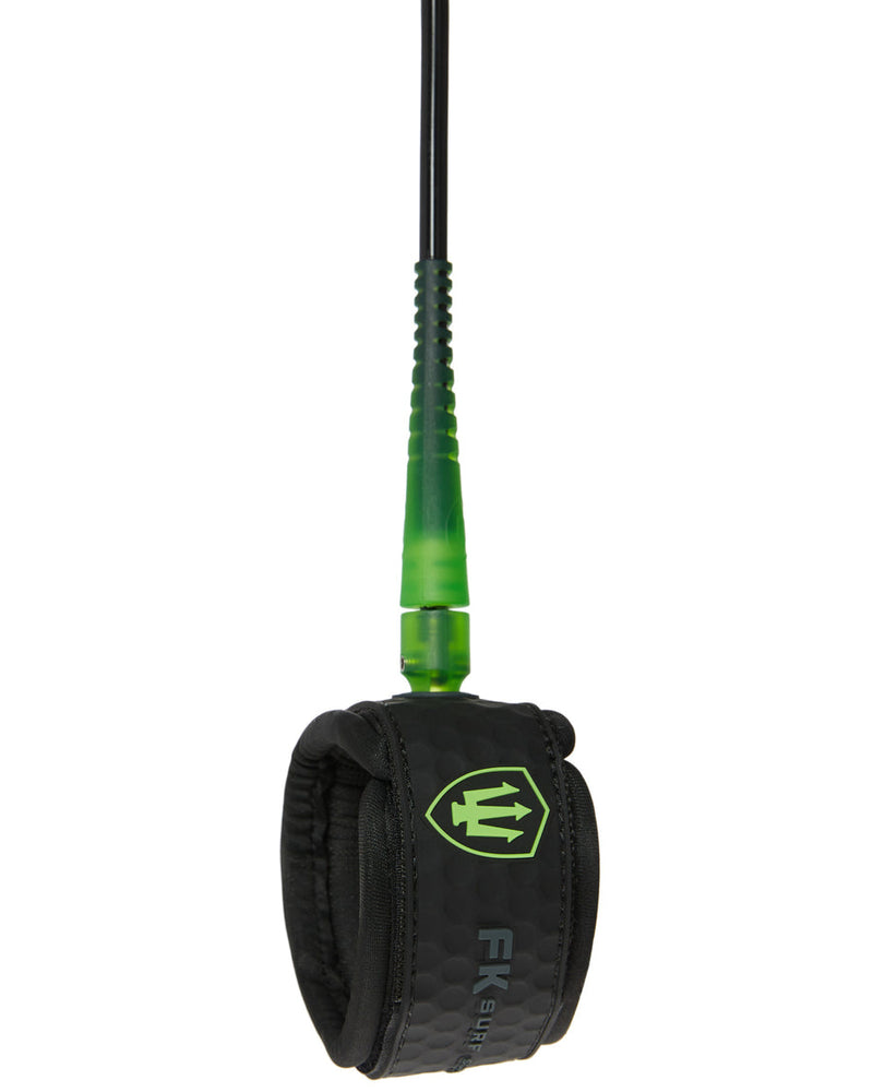 Black leash with green handle on a white background